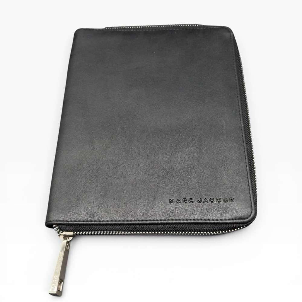 Marc Jacobs Black Leather Zip Around Folio Padfolio Document Holder Organizer